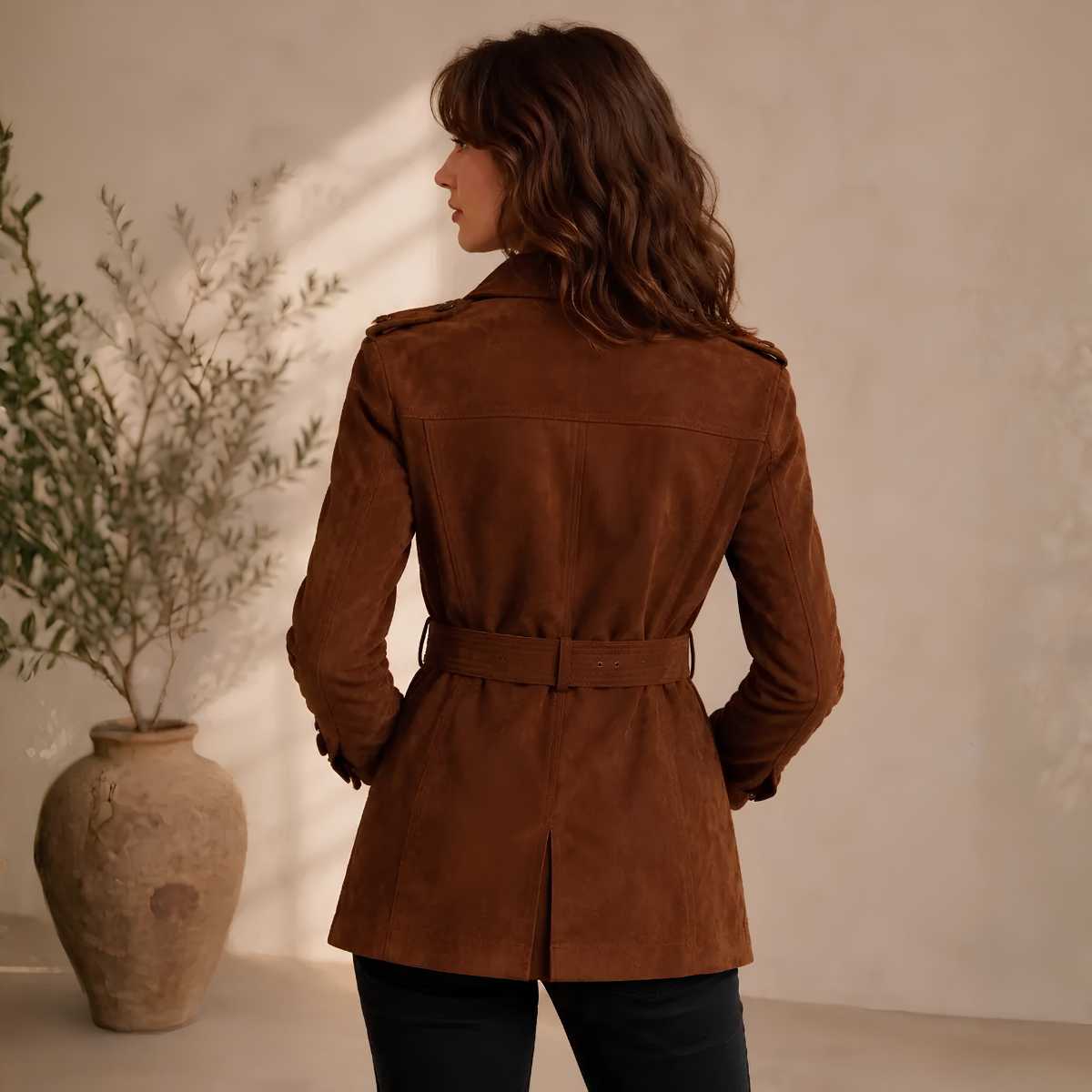 A woman wearing a brown suede trench coat is shown from behind, standing in a warm, sunlit room next to a large rustic vase with dried branches.