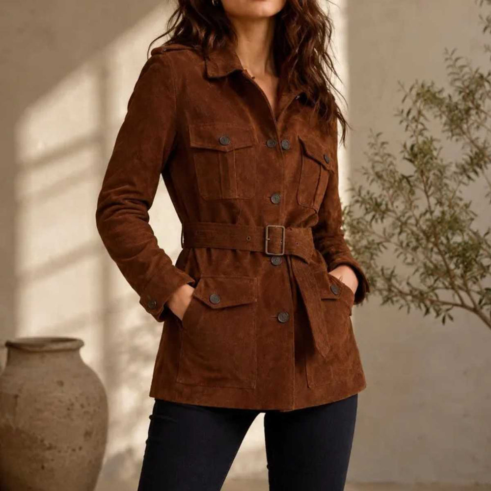 A woman wearing a brown suede utility jacket with a matching belt and dark blue jeans, standing in a warm, sunlit room with a large ceramic vase and a plant in the background.