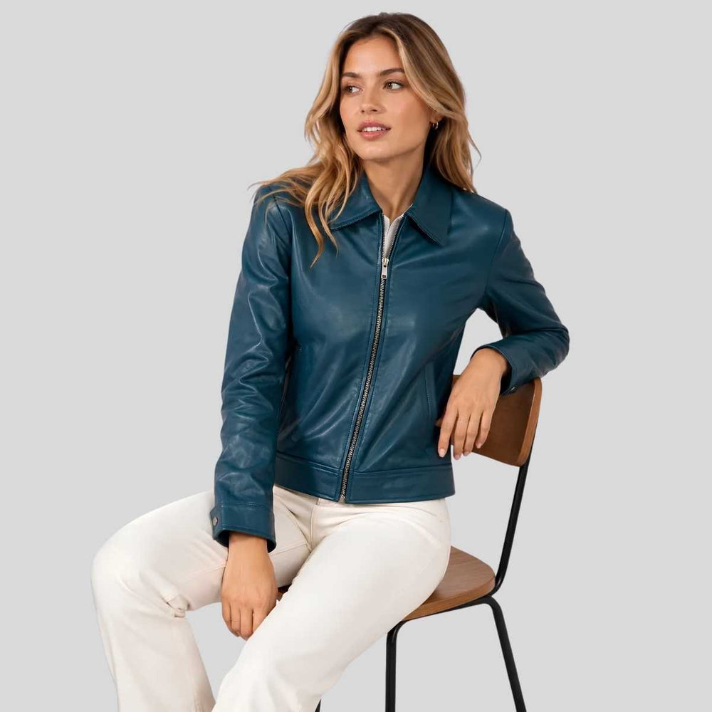 Women's teal leather jacket with shirt collar, front view