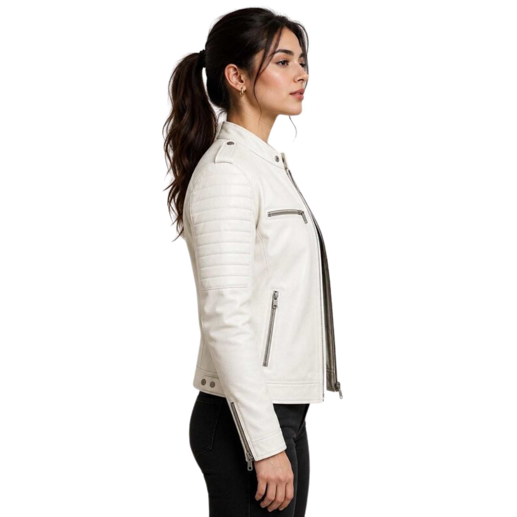 A woman in side profile wearing a white faux leather biker jacket with silver zippers and black pants, set against a plain white background.