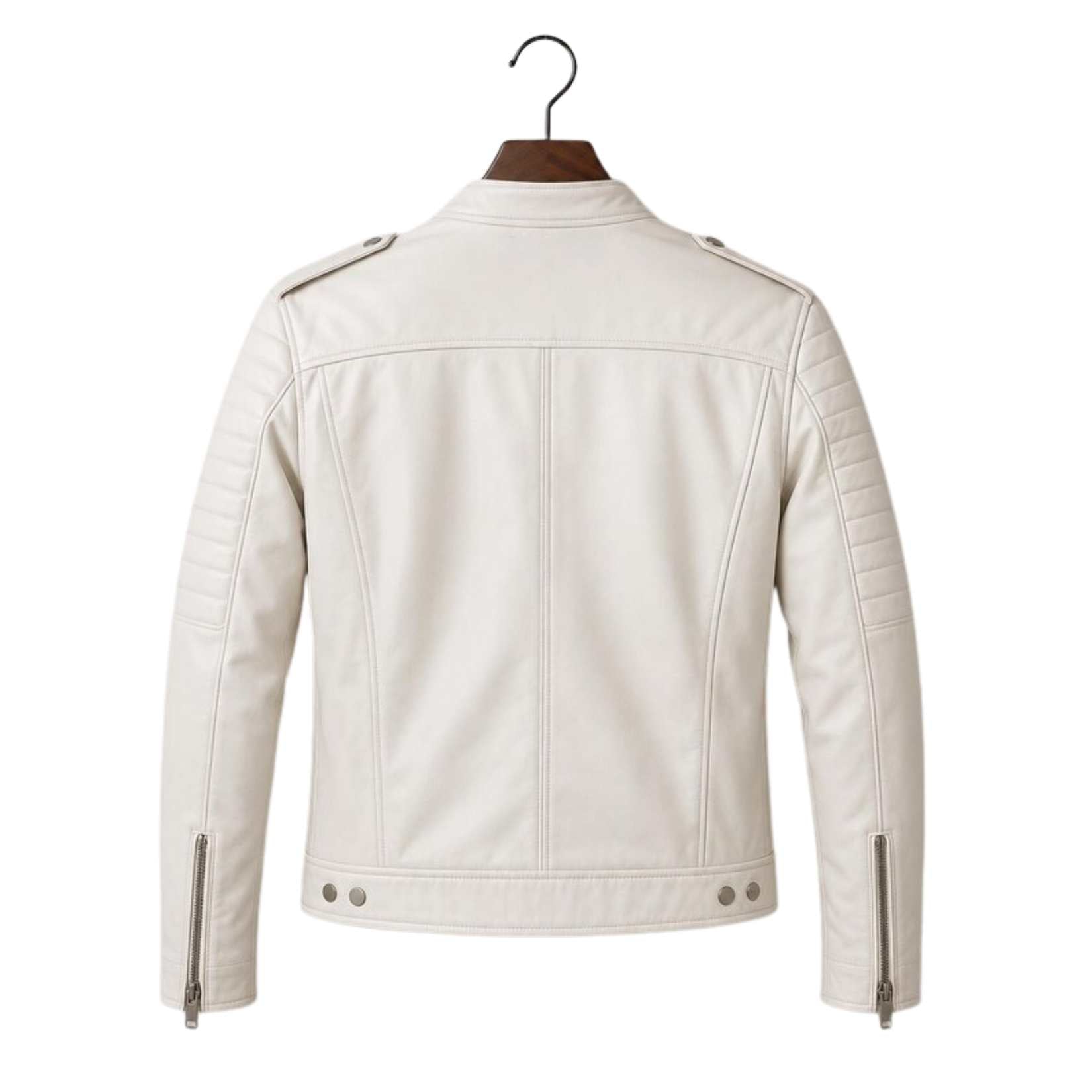 An off-white faux leather motorcycle jacket shown from the back, hanging on a wooden hanger against a plain white background.