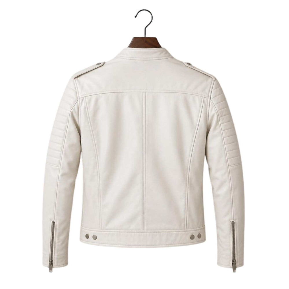 An off-white faux leather motorcycle jacket shown from the back, hanging on a wooden hanger against a plain white background.