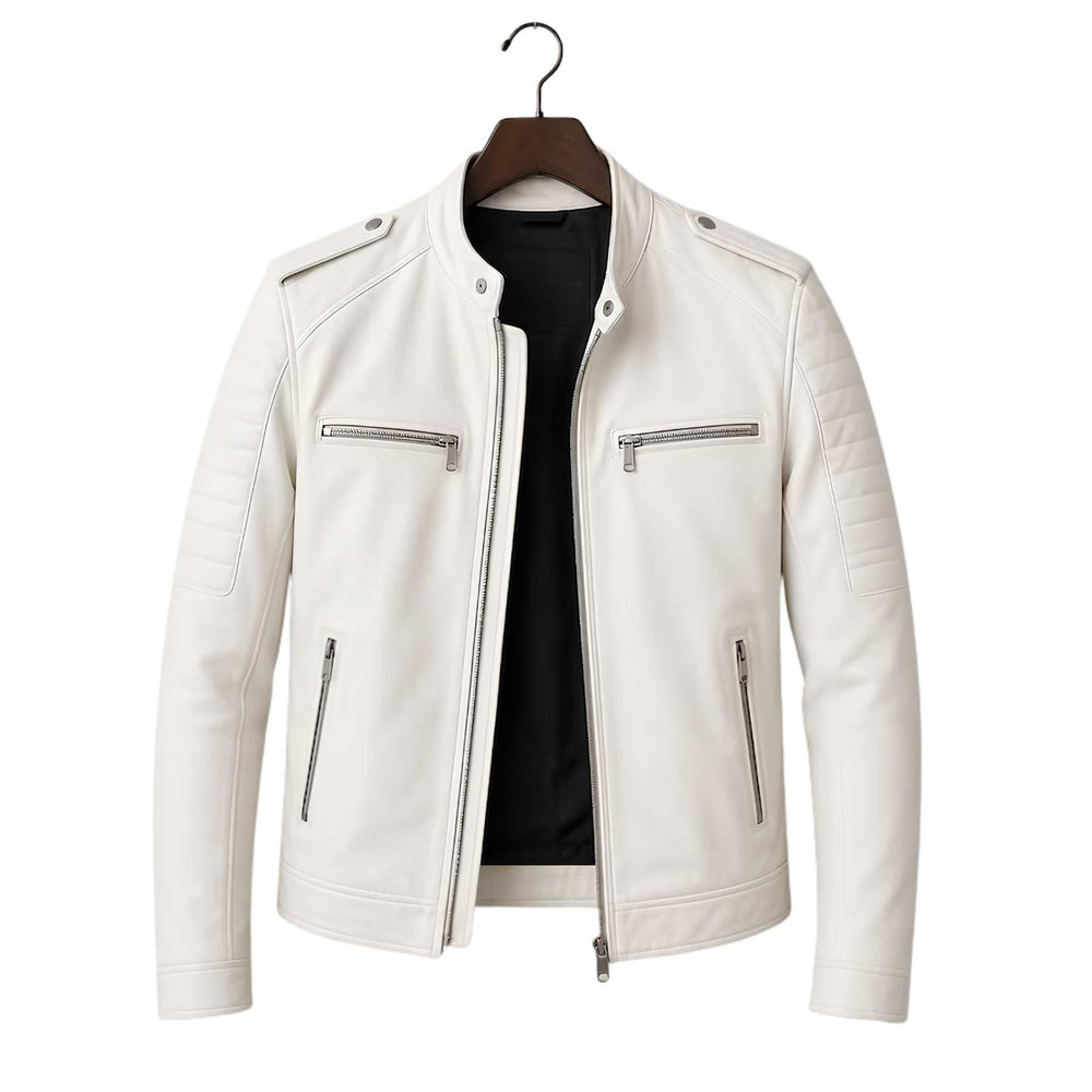 Women's premium white cafe racer leather jacket, front view