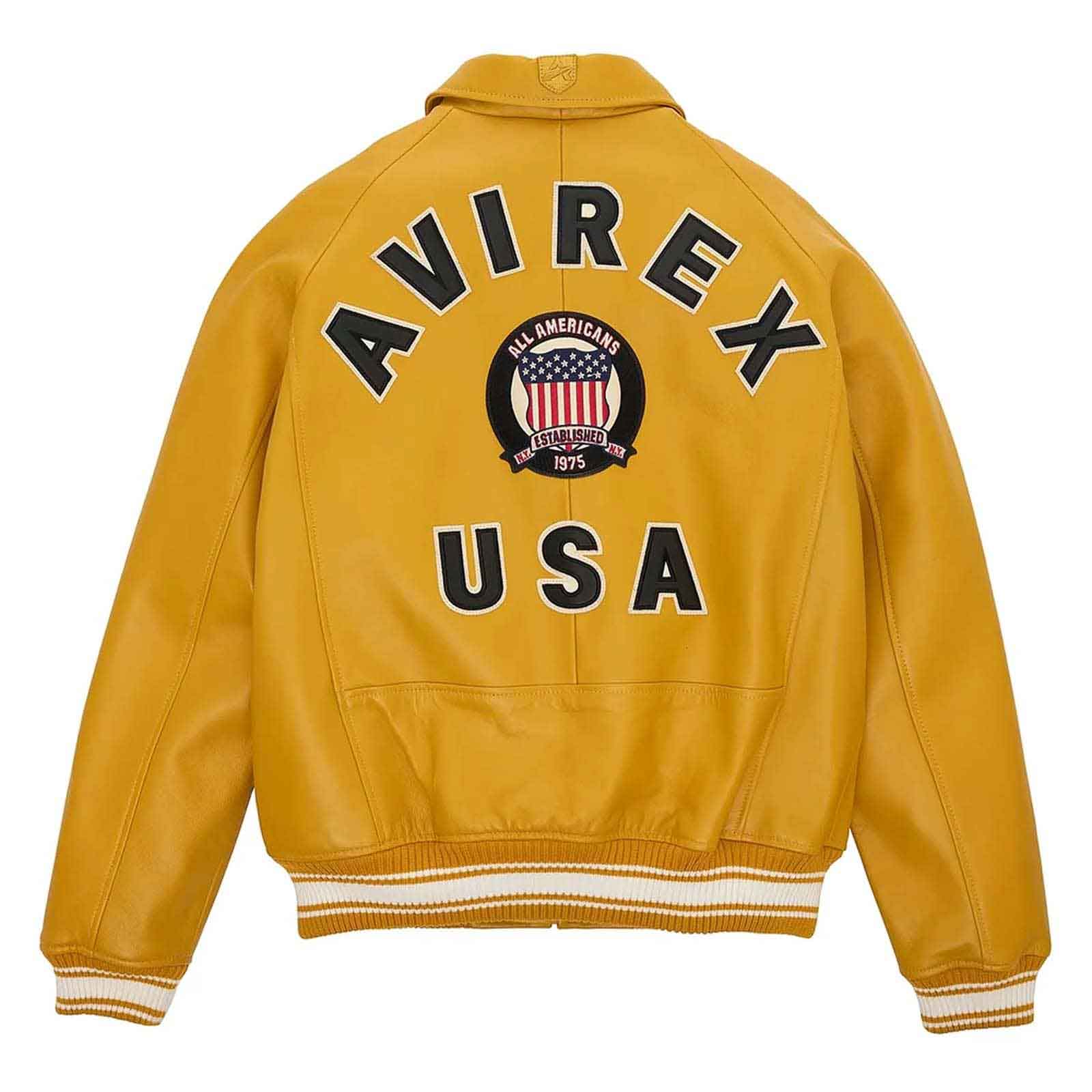 Yellow jacket with 'Avirex USA' branding on a white background