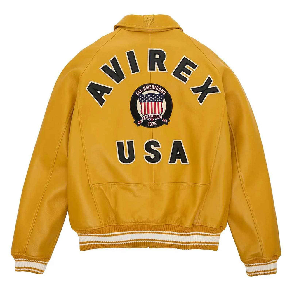 Yellow jacket with 'Avirex USA' branding on a white background