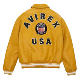 Yellow jacket with 'Avirex USA' branding on a white background