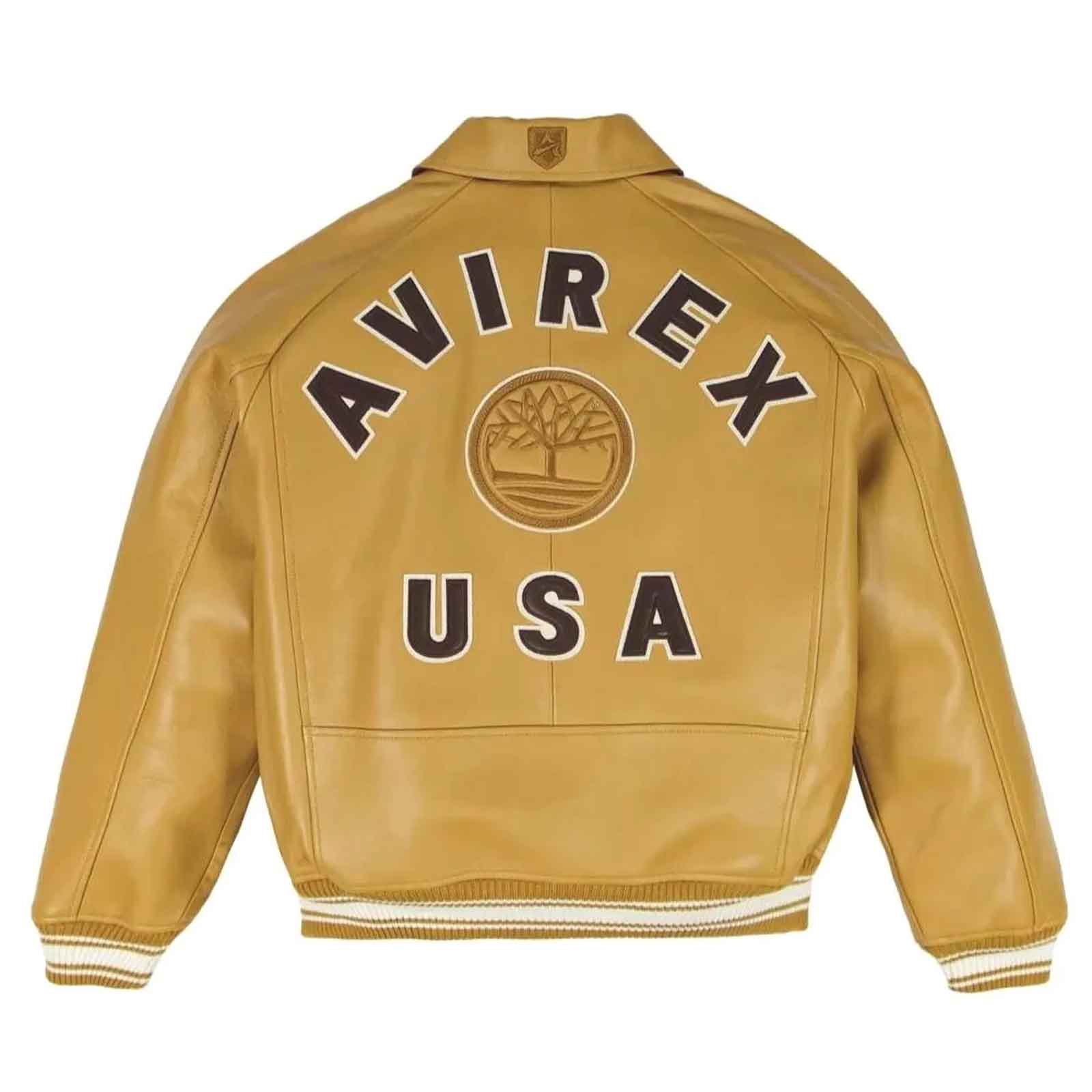 A tan leather jacket shown from the back, featuring 'AVIREX USA' and a tree emblem in dark brown and white embroidery.