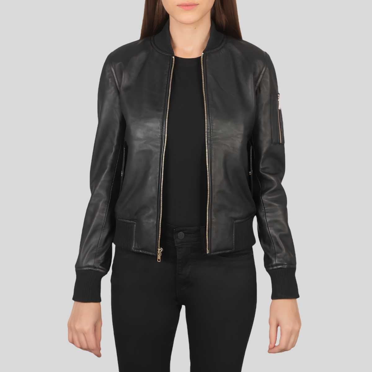 Men's Black Leather MA-1 Bomber Jacket | Genuine Sheepskin | Classic Ribbed Collar & Cuffs