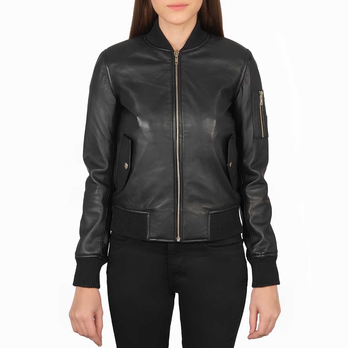 Men's Black Leather MA-1 Bomber Jacket | Genuine Sheepskin | Classic Ribbed Collar & Cuffs