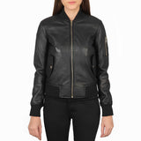 Women's Black Leather MA-1 Bomber Jacket | Genuine Sheepskin | Classic Ribbed Collar & Cuffs