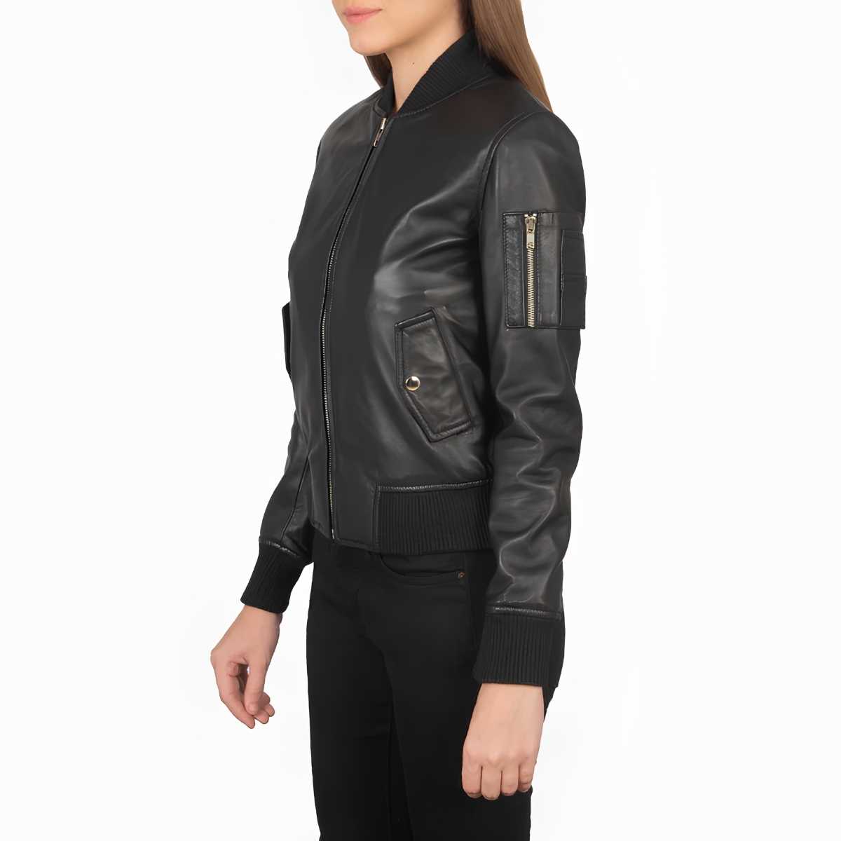 Men's Black Leather MA-1 Bomber Jacket | Genuine Sheepskin | Classic Ribbed Collar & Cuffs