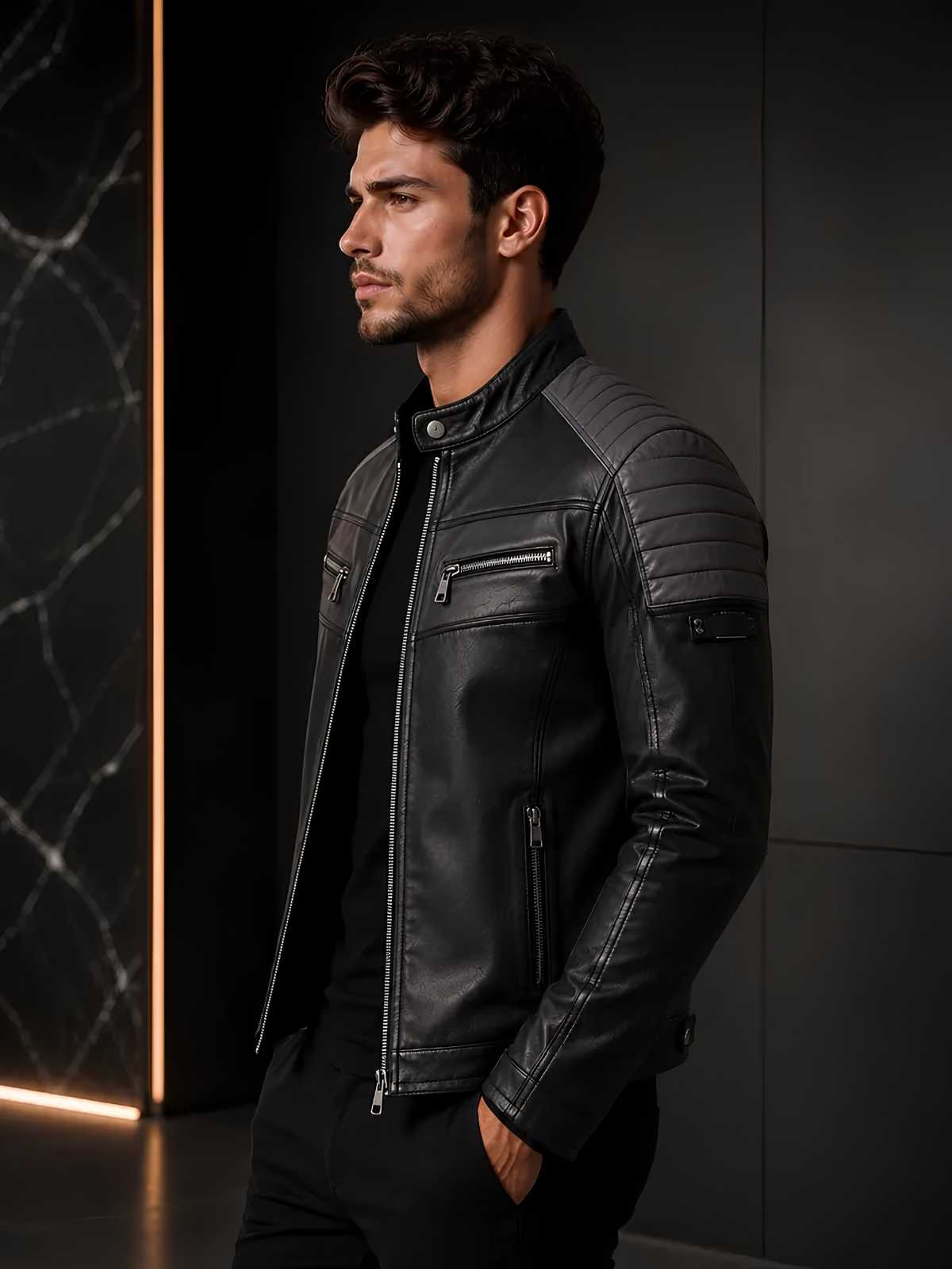 Men's Black Leather Cafe Racer Jacket | Quilted Biker Streetwear | Handcrafted Premium Outerwear