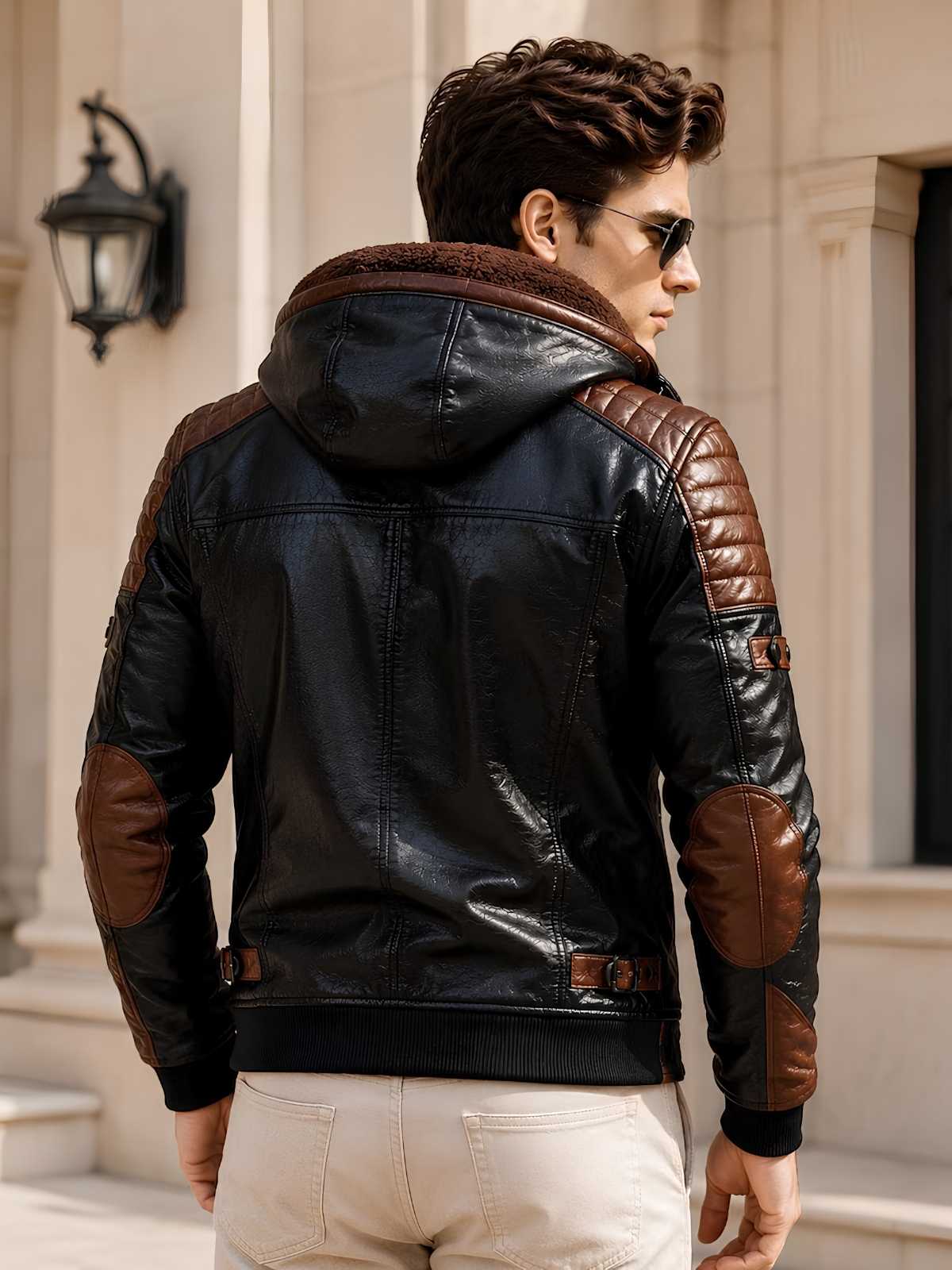Men's Black & Brown Hooded Leather Motorcycle Jacket | Sherpa Lined Cafe Racer | Premium Winter Outerwear