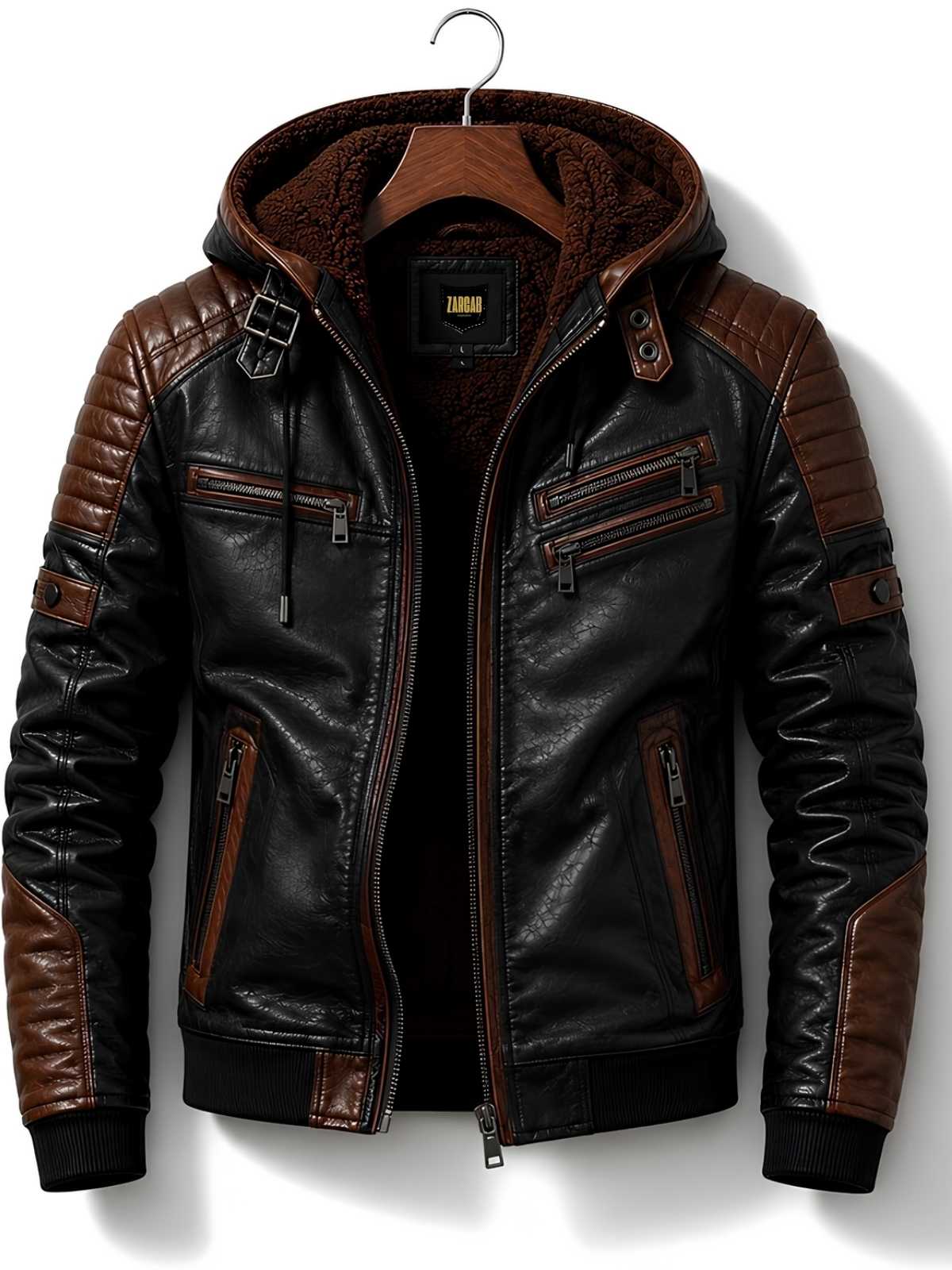 Men's Black & Brown Hooded Leather Motorcycle Jacket | Sherpa Lined Cafe Racer | Premium Winter Outerwear