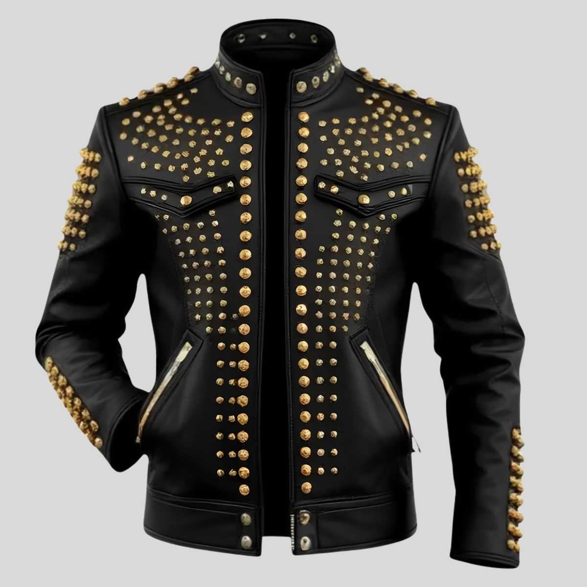 Men's black genuine leather jacket with gold studs back view — full gold stud coverage by Zarcab