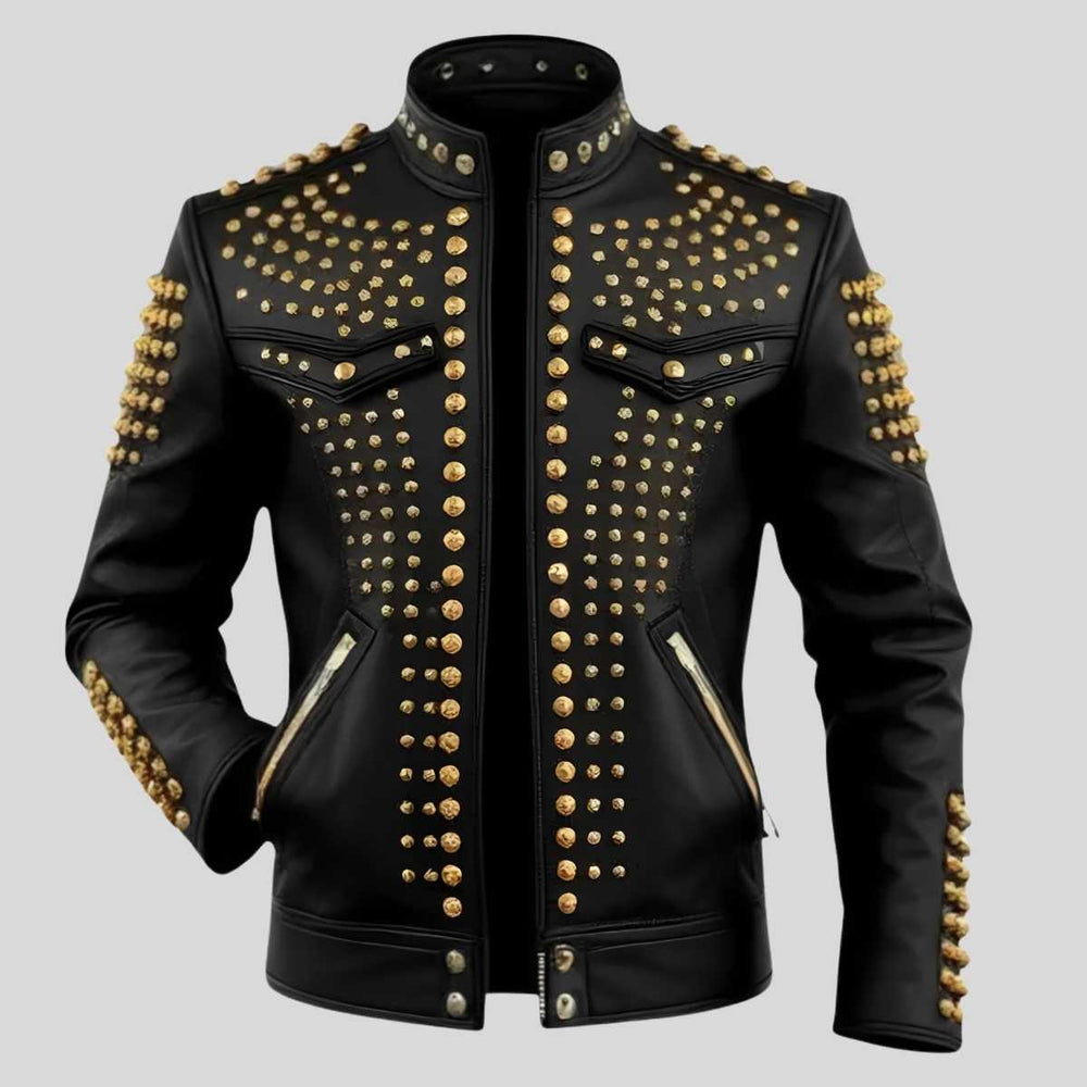 Men's black genuine leather jacket with gold studs back view — full gold stud coverage by Zarcab