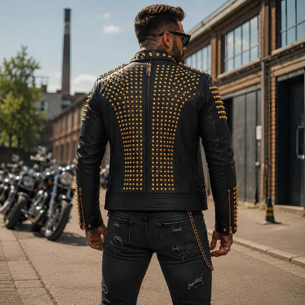 Men's black leather rockstar jacket with gold studs side view — slim fit silhouette by Zarcab