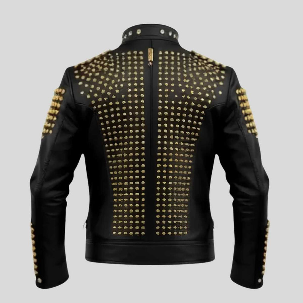 Close-up of luxury gold metal stud detailing on men's black leather biker jacket by Zarcab