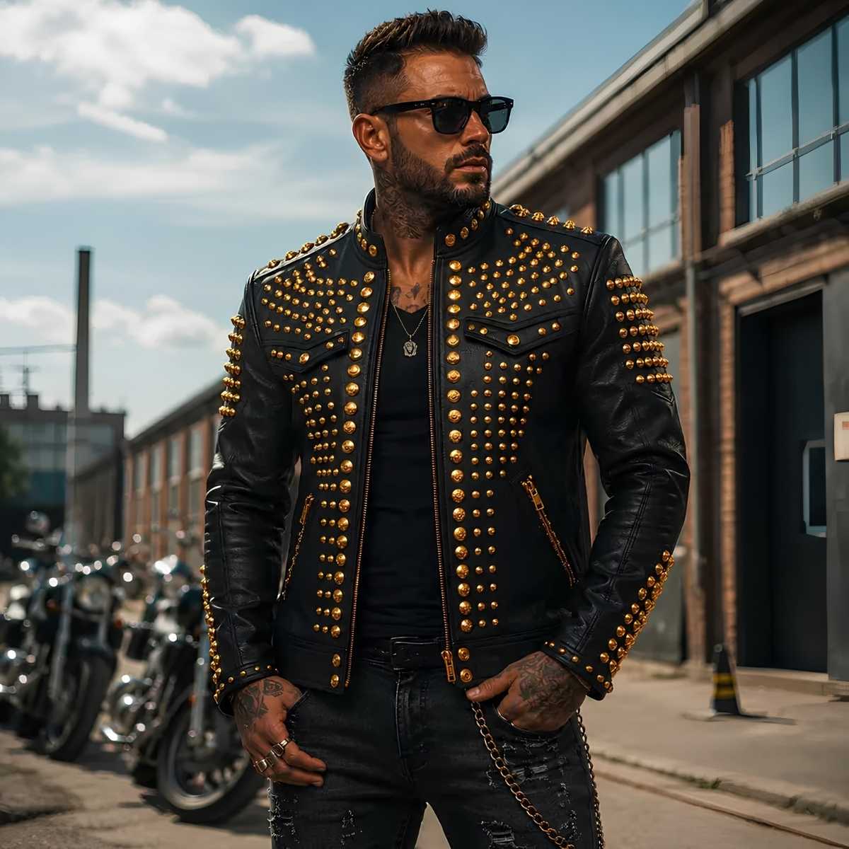 Men's black leather biker jacket with gold studs front view — luxury gold stud detailing and military stand collar