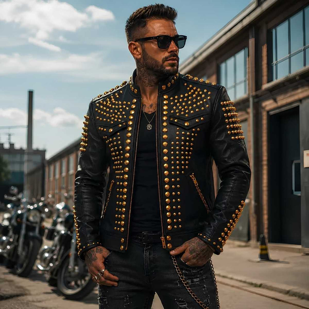 Men's black leather biker jacket with gold studs front view — luxury gold stud detailing and military stand collar