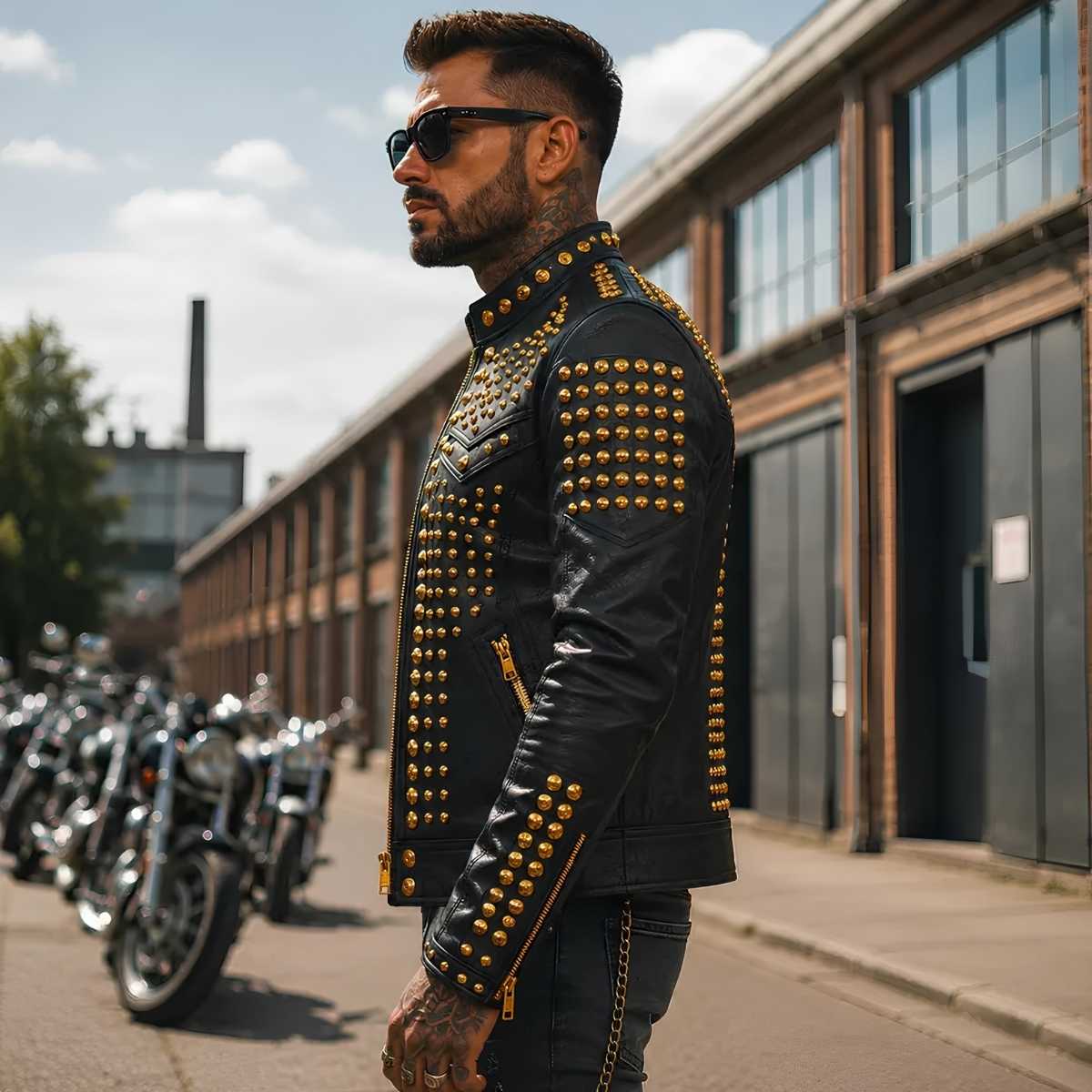 Men's black leather rockstar jacket with gold studs side view — slim fit silhouette by Zarcab