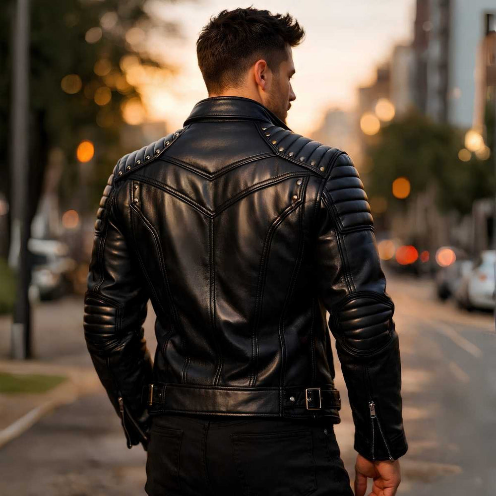 Men's black studded leather biker jacket back view — premium genuine leather with stud detailing