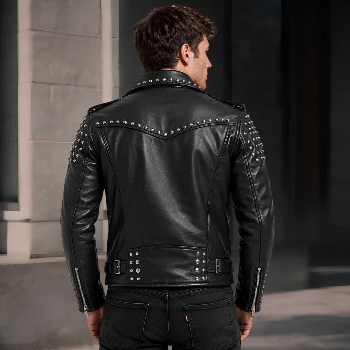 Men's black genuine leather biker jacket back view — slim fit gothic punk moto style by Zarcab