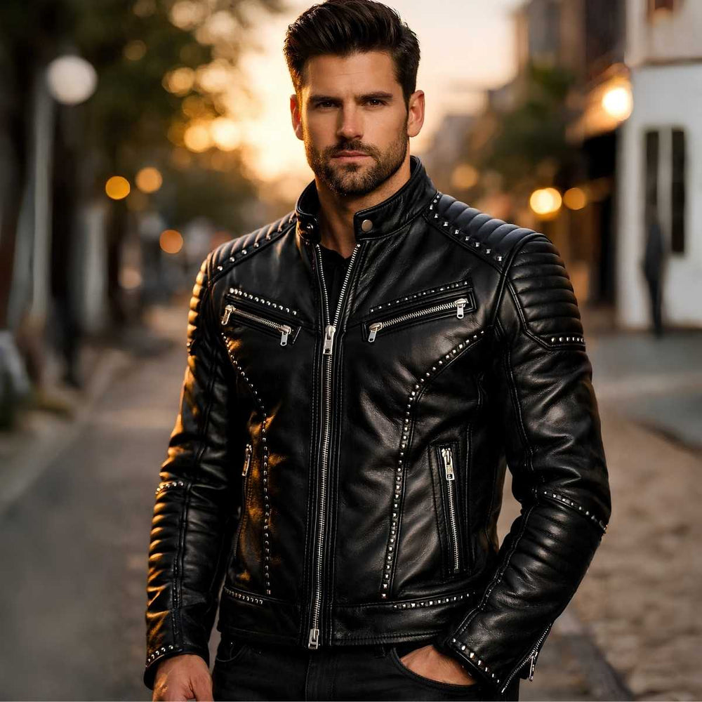 Men's black studded leather biker jacket front view — silver metal studs and slim fit silhouette
