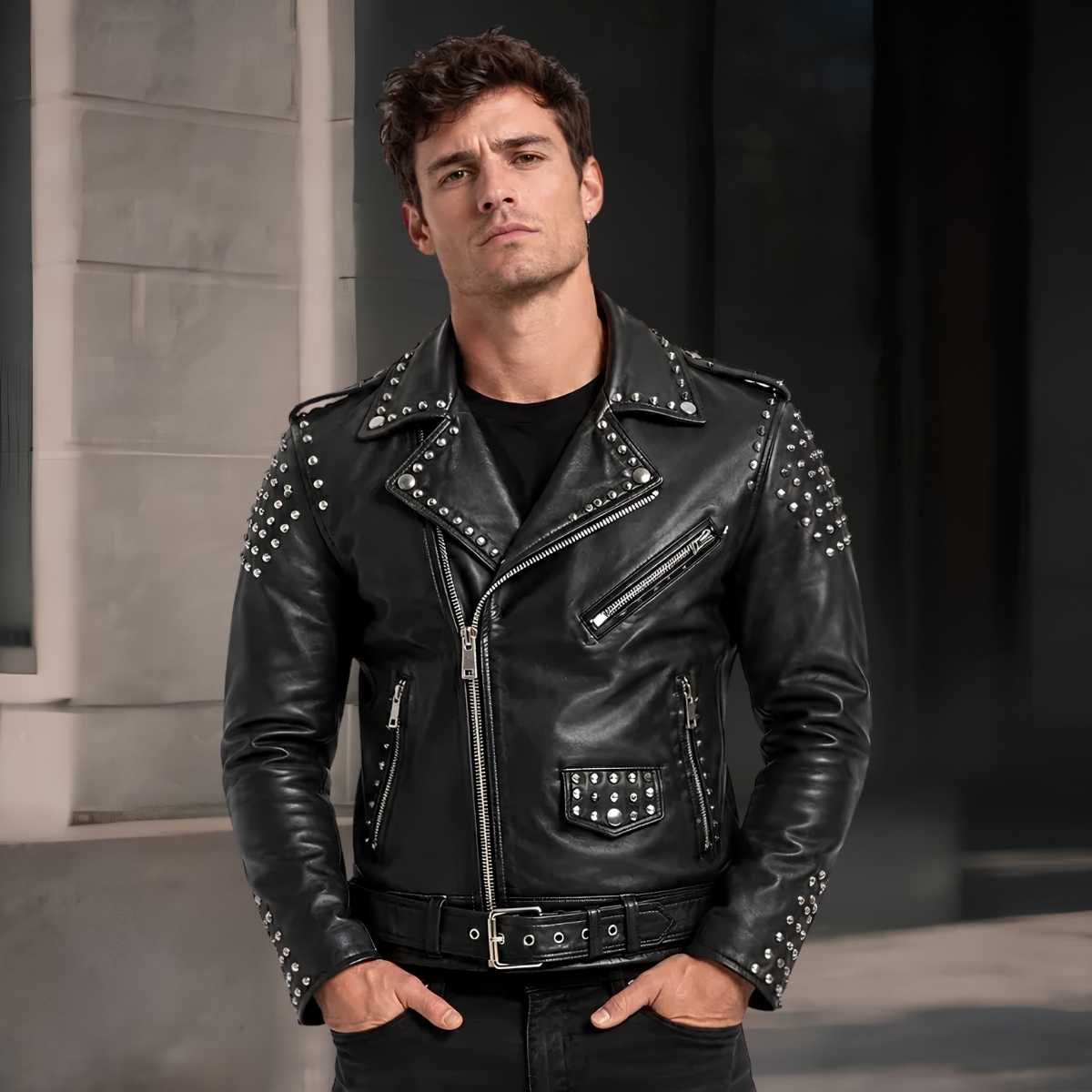 Men's black studded leather biker jacket front view — punk rock stud detailing and asymmetrical zipper closure