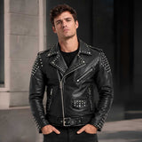 Men's black studded leather biker jacket front view — punk rock stud detailing and asymmetrical zipper closure