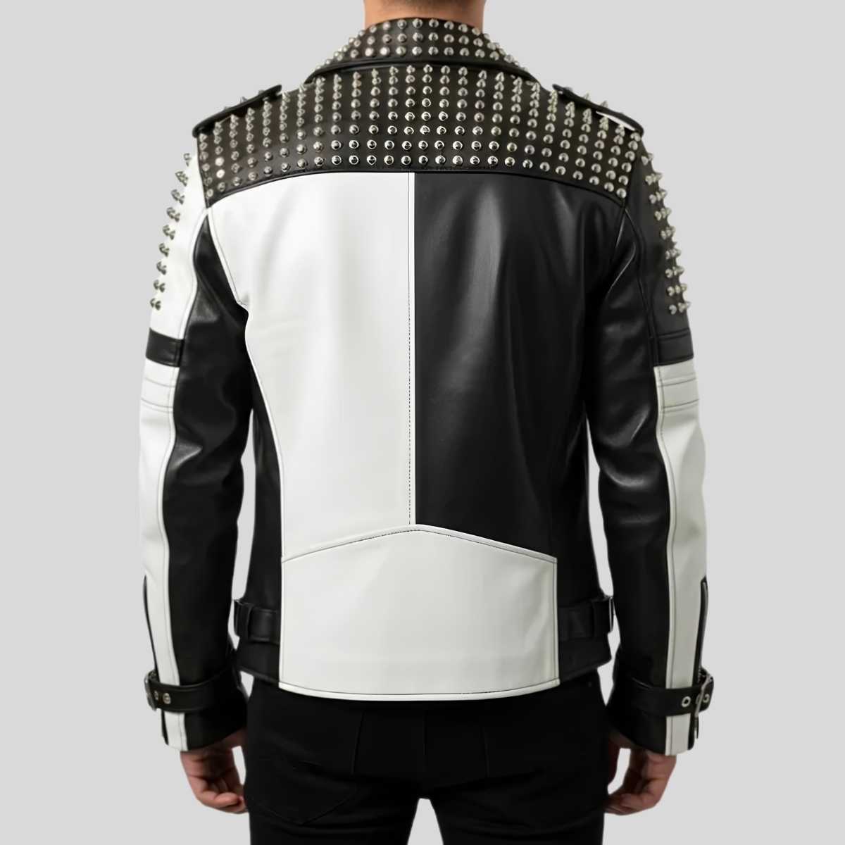 Men's black and white genuine leather biker jacket back view — gothic punk style by Zarcab
