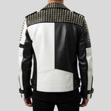Men's black and white genuine leather biker jacket back view — gothic punk style by Zarcab