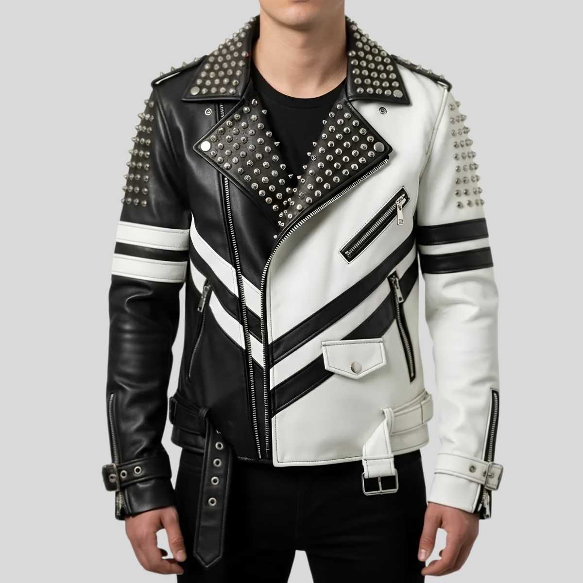Men's black and white studded leather biker jacket front view — hand-applied studs and asymmetric zipper closure