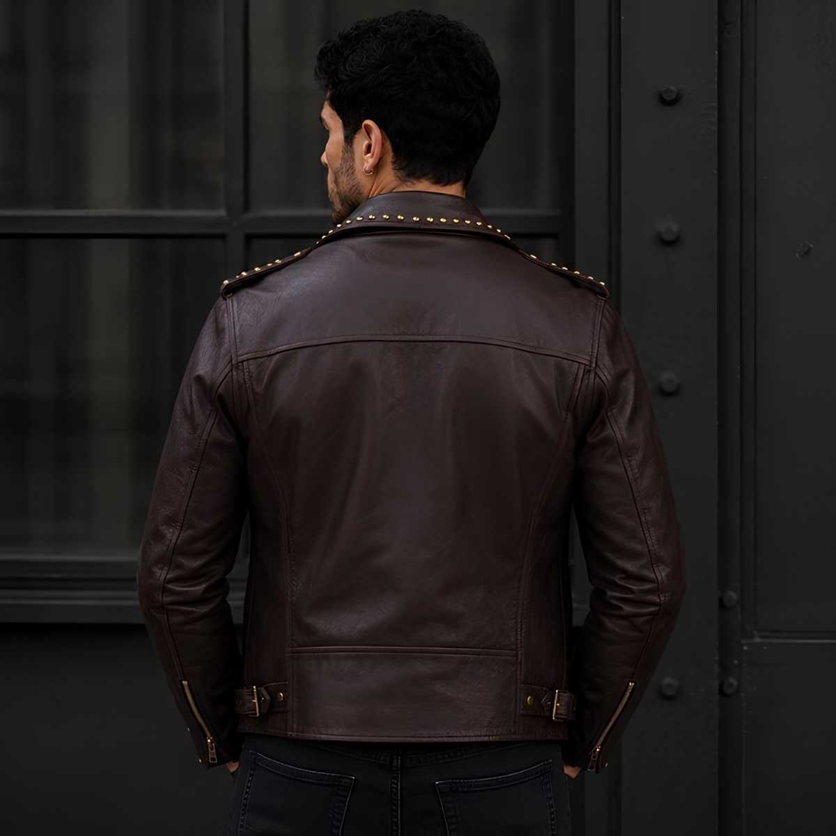 Men's Brown Studded Leather Biker Jacket | Slim Fit Punk Moto Style | Premium Genuine Leather