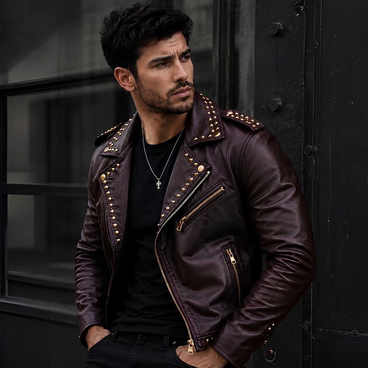 Men's Brown Studded Leather Biker Jacket | Slim Fit Punk Moto Style | Premium Genuine Leather