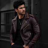 Men's Brown Studded Leather Biker Jacket | Slim Fit Punk Moto Style | Premium Genuine Leather