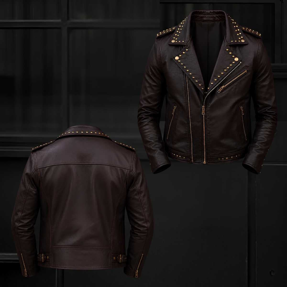 Men's Brown Studded Leather Biker Jacket | Slim Fit Punk Moto Style | Premium Genuine Leather