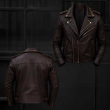 Men's Brown Studded Leather Biker Jacket | Slim Fit Punk Moto Style | Premium Genuine Leather