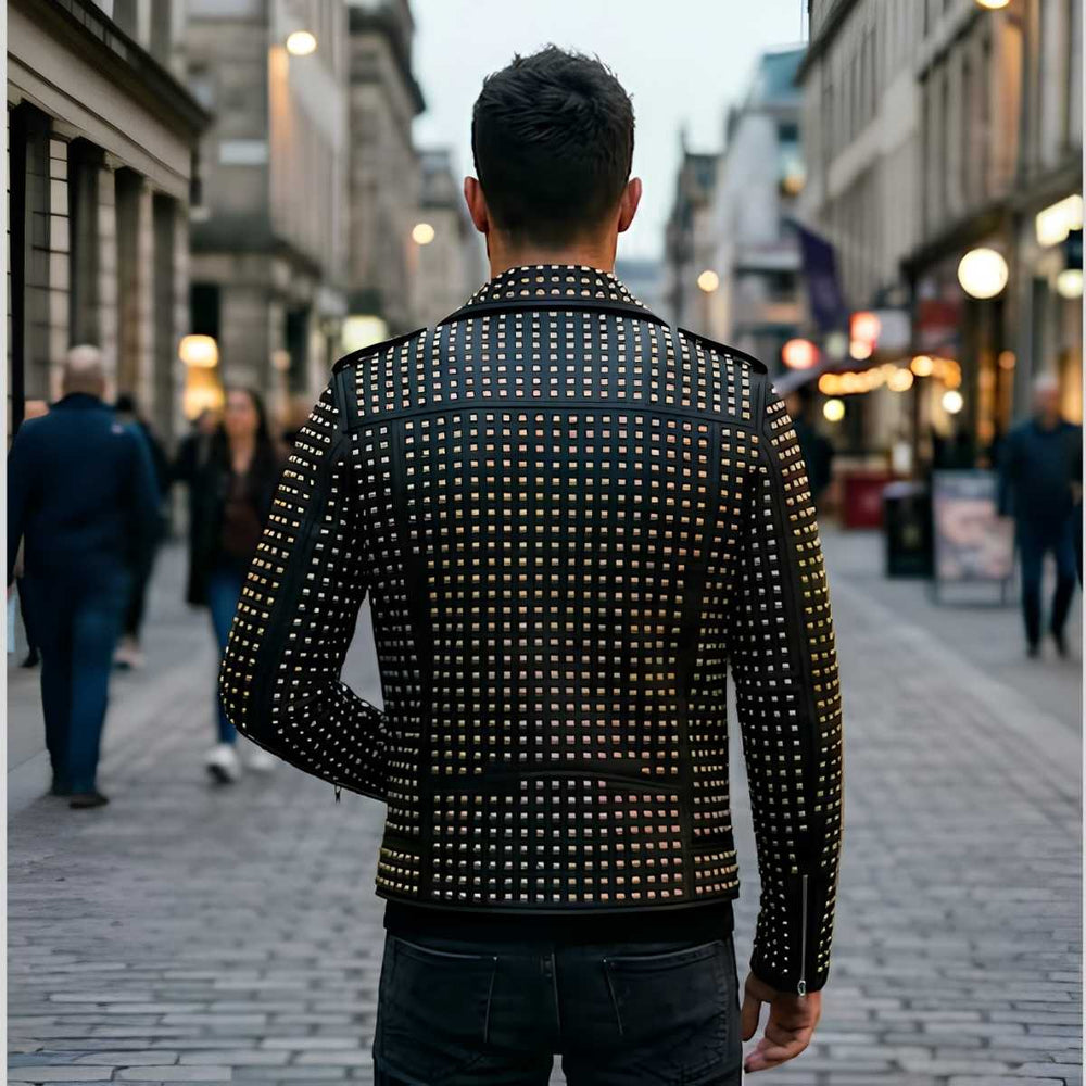 Back view of men's leather biker jacket showing full stud coverage across shoulders and spine