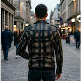 Back view of men's leather biker jacket showing full stud coverage across shoulders and spine
