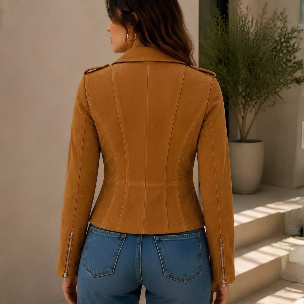 Women's brown suede moto jacket back view — zipper and button closure