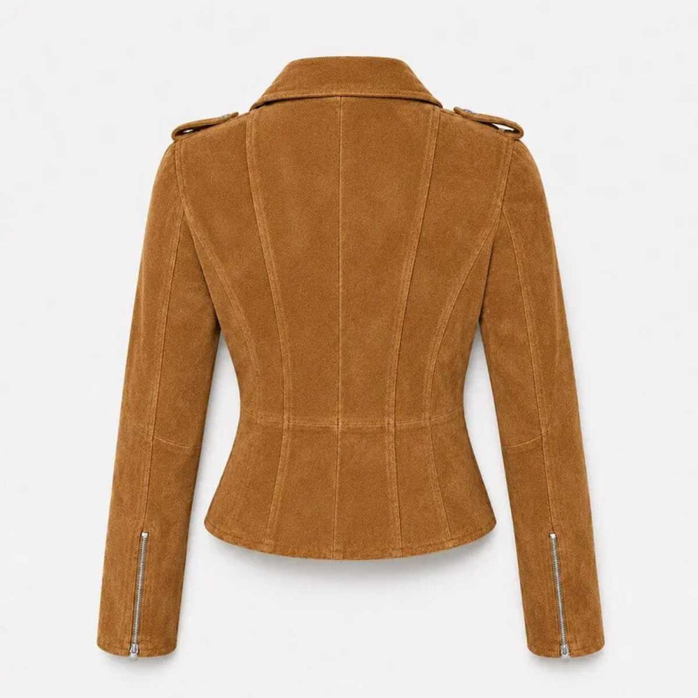 Women's brown suede moto jacket back side view