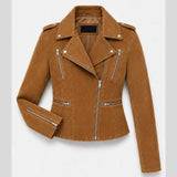 Women's brown suede moto jacket front view — zipper and button closure