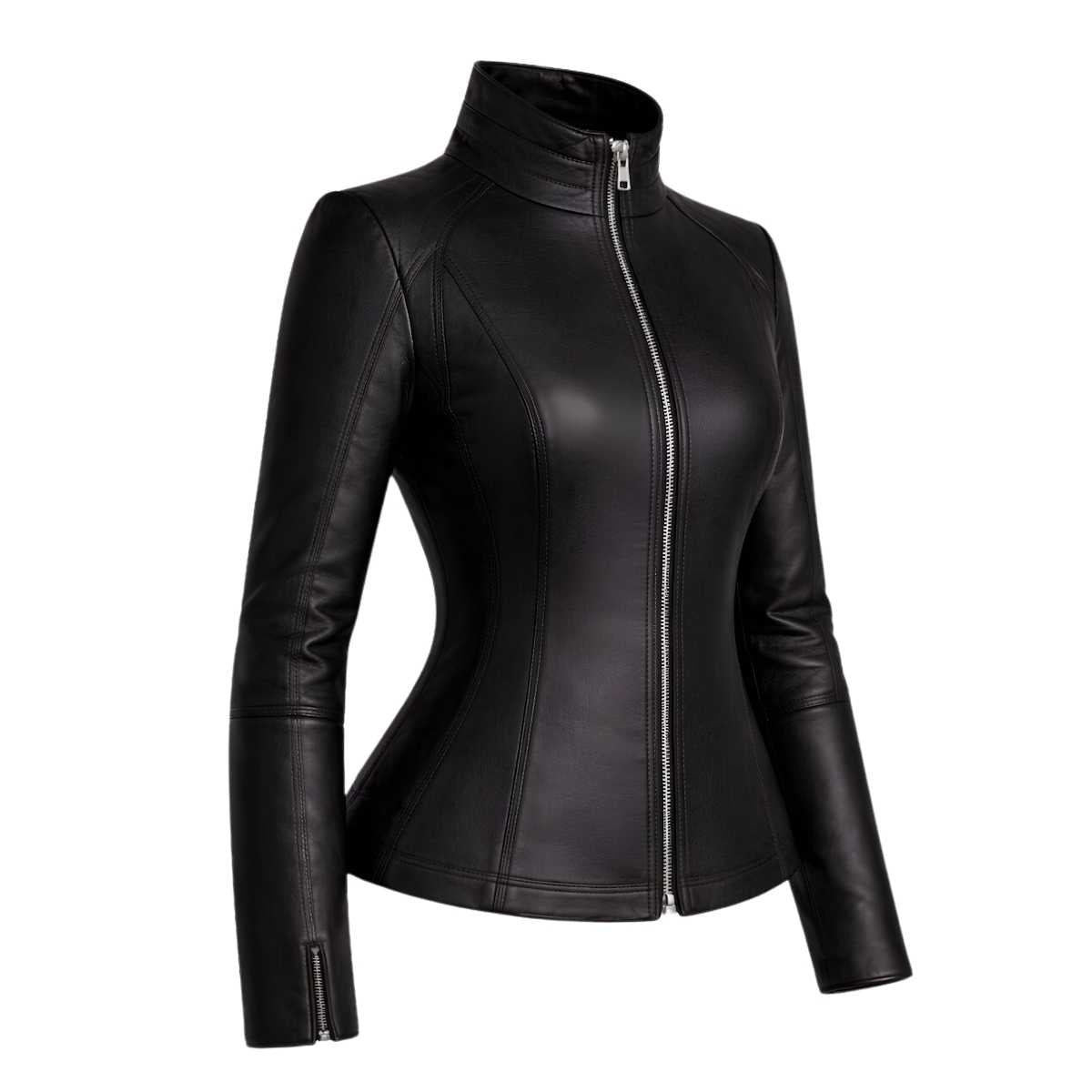 Women's Black Leather Jacket | Slim Fit Zip Up Moto Biker Style | Premium Streetwear Outerwear