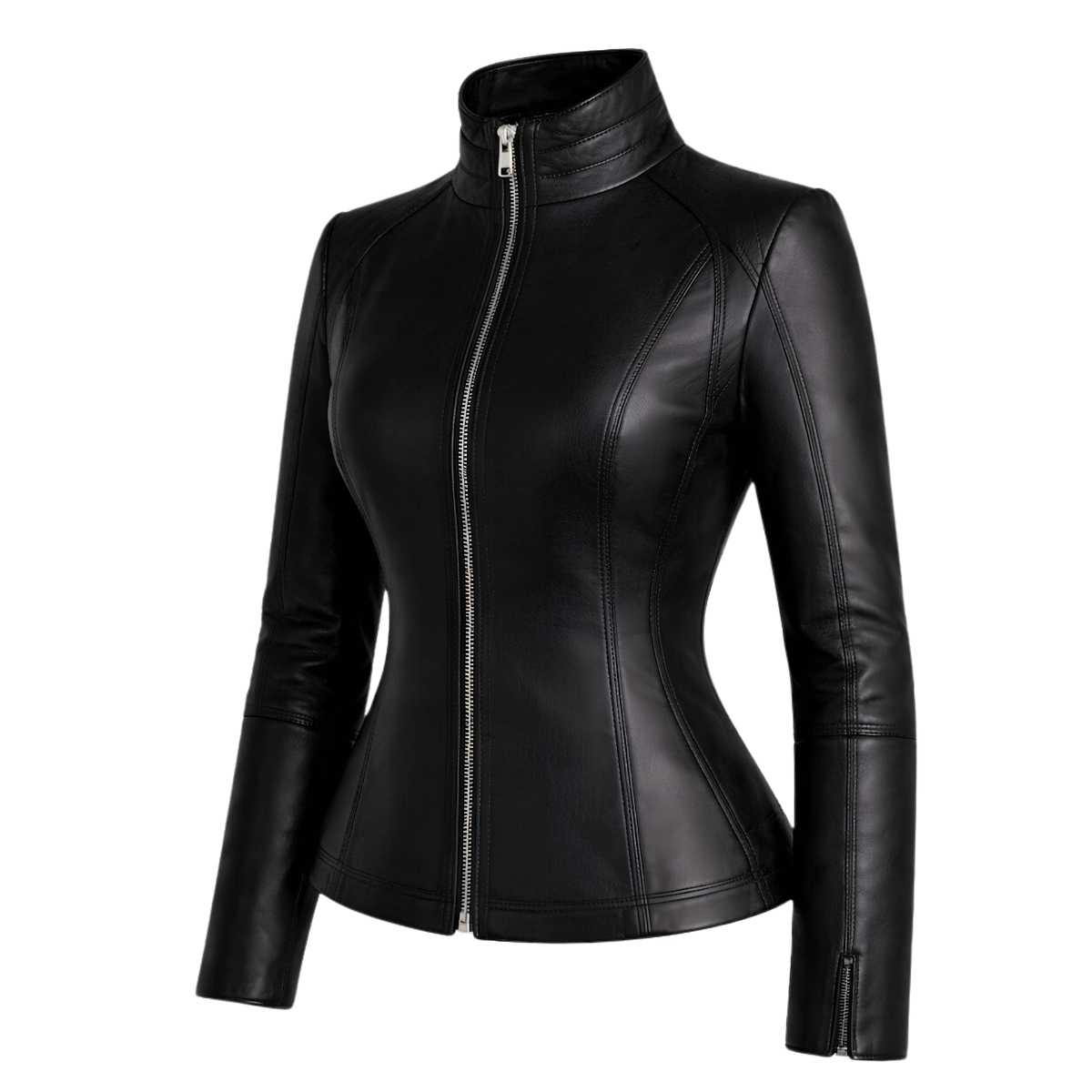 Women's Black Leather Jacket | Slim Fit Zip Up Moto Biker Style | Premium Streetwear Outerwear