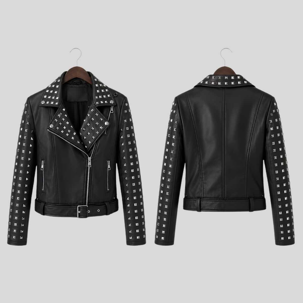 Close-up of square silver stud detailing on collar and lapels of women's black leather biker jacket back side and front side