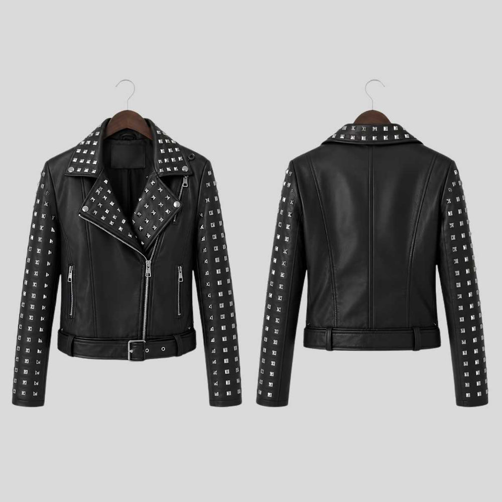 Close-up of square silver stud detailing on collar and lapels of women's black leather biker jacket back side and front side