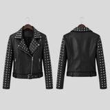 Close-up of square silver stud detailing on collar and lapels of women's black leather biker jacket back side and front side