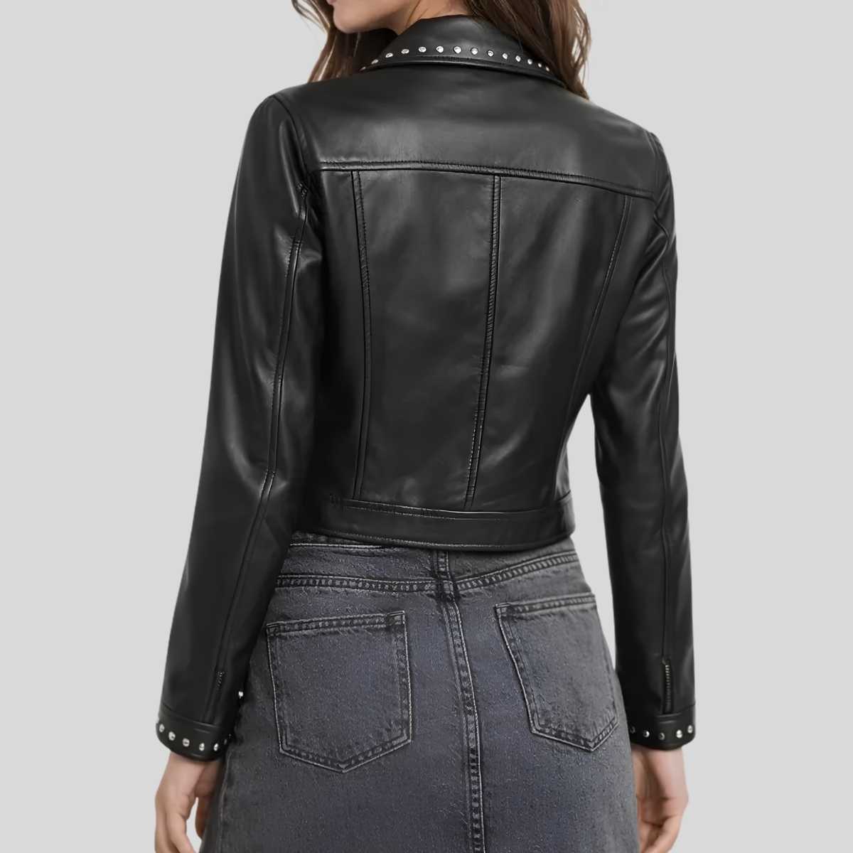 Women's black genuine sheepskin leather shirt jacket back view — slim fit silhouette by Zarcab