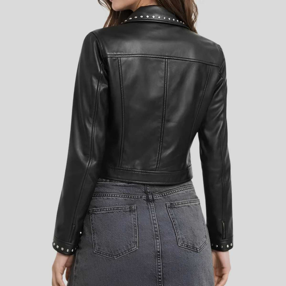 Women's black genuine sheepskin leather shirt jacket back view — slim fit silhouette by Zarcab